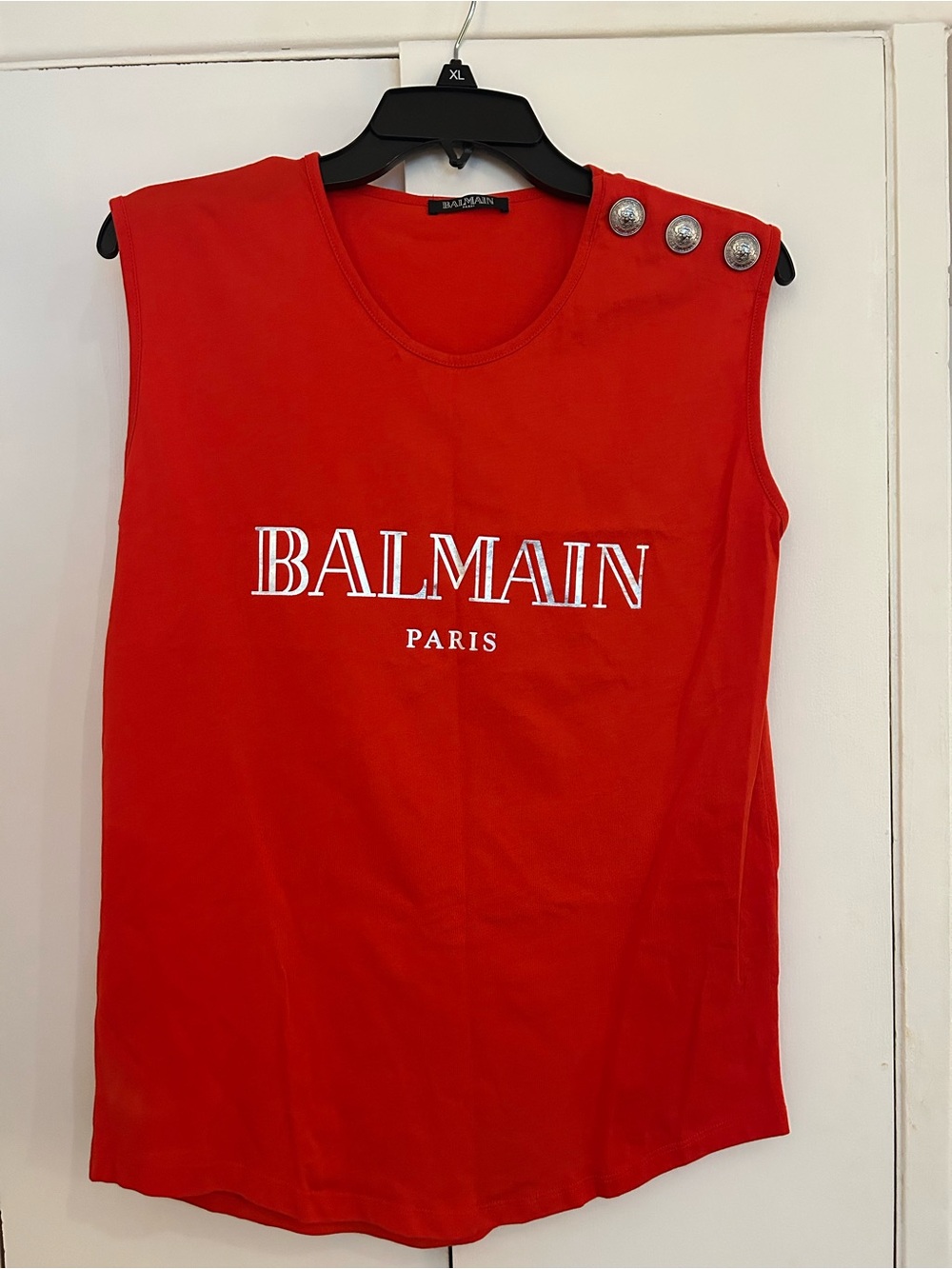 Balmain Red Sleeveless Logo Tee with Silver Shoulder Buttons